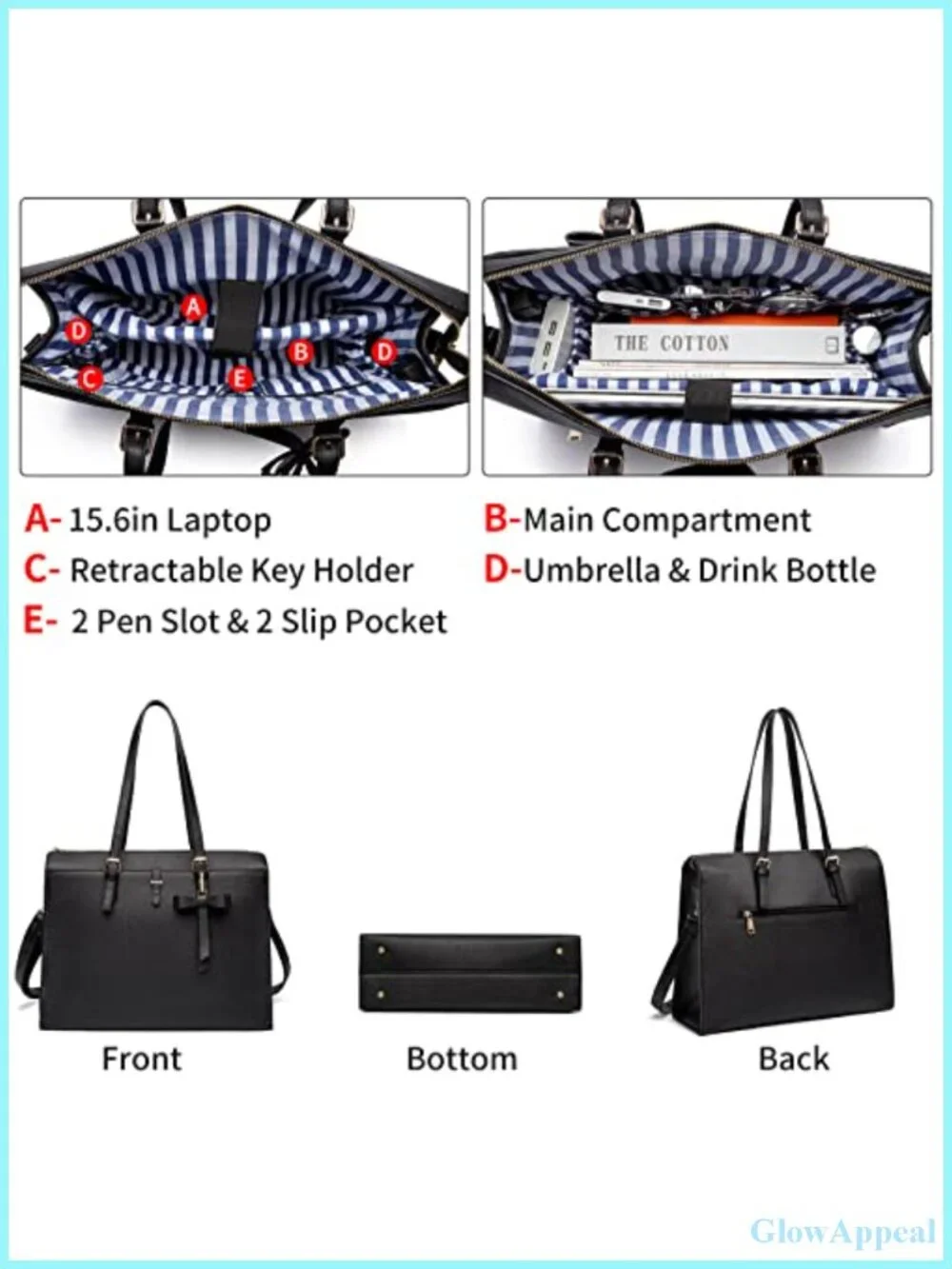 Large Leather Laptop Briefcase with USB Charging Port Tote Bag